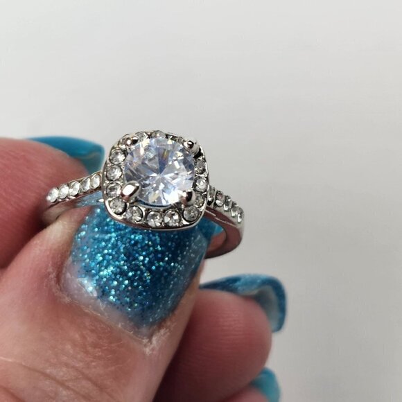 Halo Simulated Diamond Engagement Ring Round Cut Silver‎ Tone - Picture 10 of 11